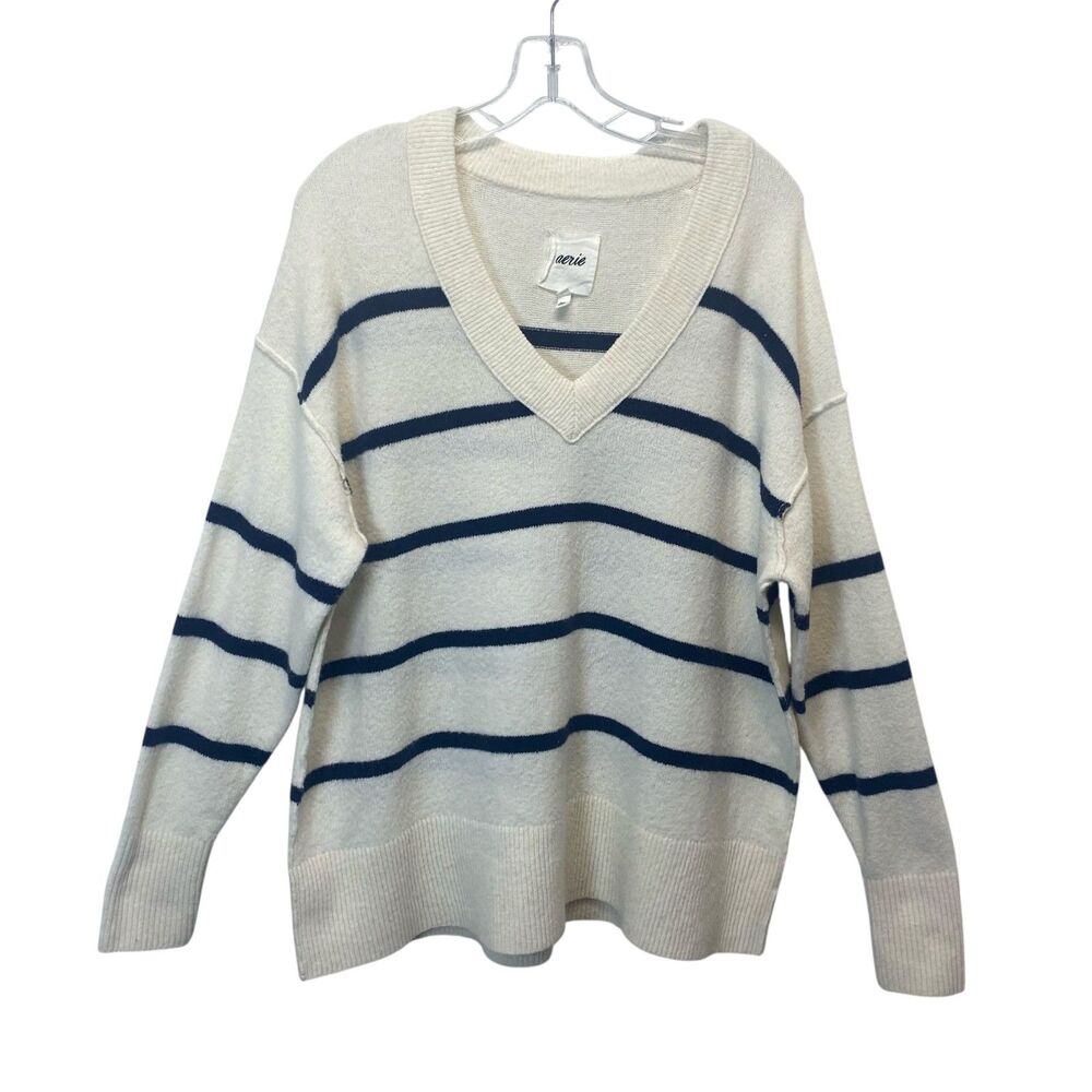 Aerie V-Neck Sweater Women's Size Small Beige Navy Striped Casual Oversized